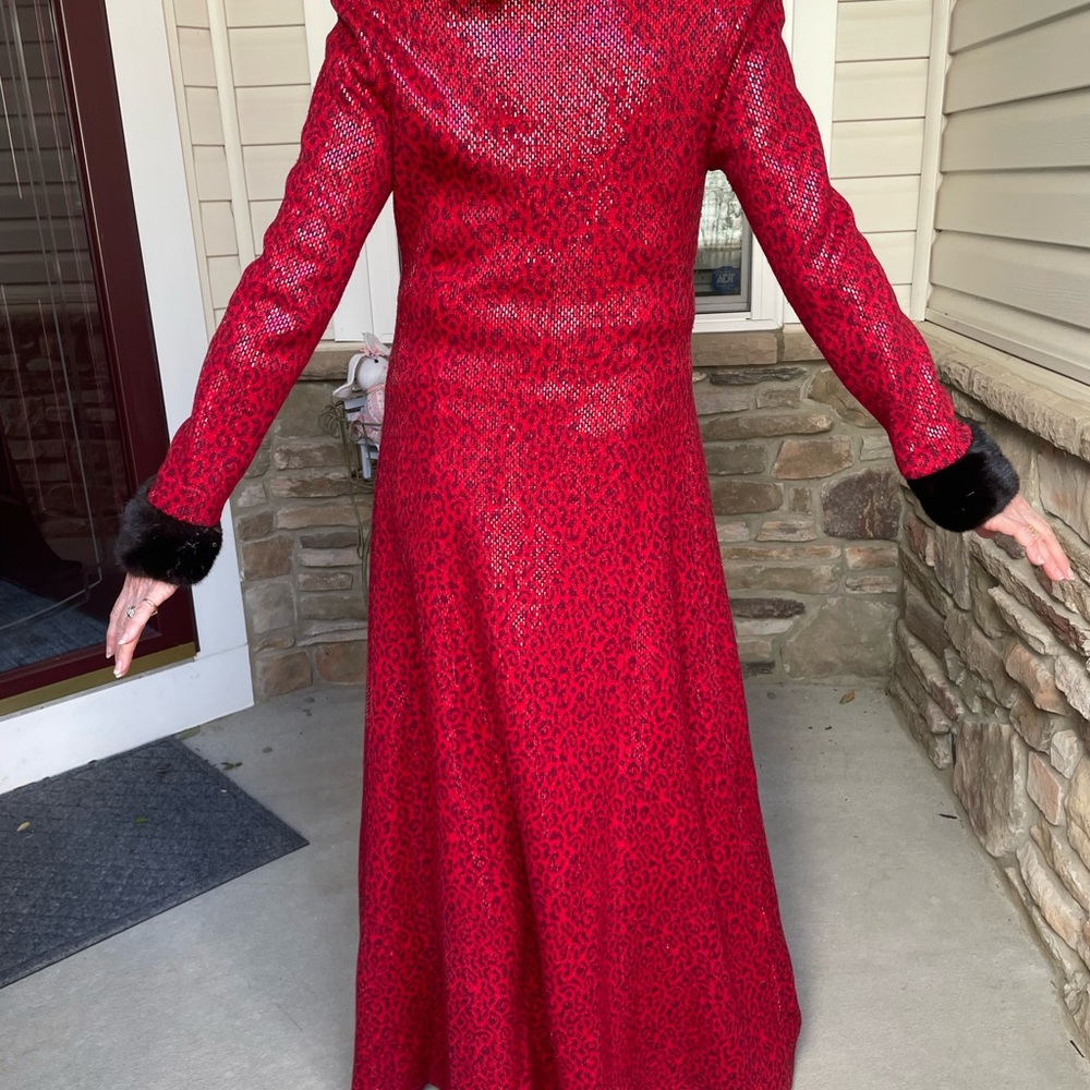 Red Sequined Leopard Print Long Coat With Black M… - image 3